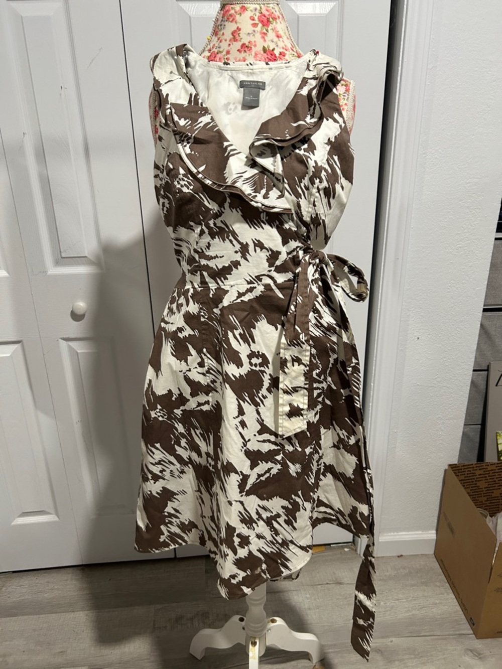 Ann Taylor Brown and Cream Ruffle Wrap Midi Dress